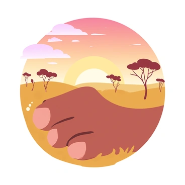 A lion's paw is resting gently on the golden savanna grass. The fur of the paw is a rich tawny color, contrasting beautifully with the warm hues of the grass beneath it. The background features a stunning sunset with vibrant oranges, deep reds, and soft yellows blending seamlessly in the sky. Silhouetted acacia trees dot the horizon, enhancing the serene atmosphere of the savanna. Wisps of clouds catch the colors of the sunset, creating a harmonious gradient across the sky.