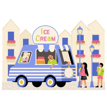 An ice cream truck parked in a quaint old town square featuring cobblestone streets. The truck is painted bright blue with white stripes and has a large colorful sign that reads "Ice Cream" in playful letters. Surrounding the truck are charming old buildings with flower boxes under the windows, displaying vibrant blooms. A few children with joyful expressions are lined up at the truck, holding colorful ice cream cones in their hands. A street lamp stands nearby, adding to the picturesque atmosphere of the scene.