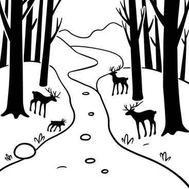 A river flowing through a dense forest, with tall trees lining both sides, their trunks and branches intricately detailed. On the banks of the river, a group of deer gathered, positioned carefully as they drink from the water's edge. The surface of the river reflects the forest surroundings, with ripples created by the gentle movements of the deer. Small rocks and pebbles are visible at the water's edge, adding texture to the scene. The overall composition captures the interaction between the river and the wildlife in the lush environment.