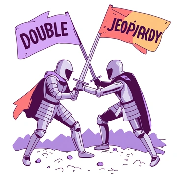 Two knights in shiny silver armor are positioned in a dynamic stance, clashing their swords in the center of the image. The swords are locked together, creating tension between the two warriors. Above them, two vibrant banners are displayed, one reading “Double” in bold letters and the other reading “Jeopardy” in equally prominent script. The background features a subtle battlefield ambiance, enhancing the sense of confrontation and drama surrounding the knights.