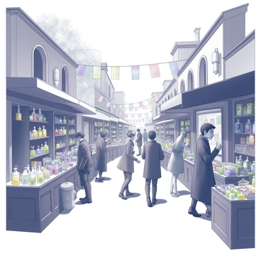 A bustling market street filled with vendors. Each stall displays an array of magical items, such as sparkling potions in intricately designed glass bottles and ancient tomes with ornate covers. The vendors are engaged in lively conversation with customers, showcasing their unique wares. Colorful banners hang above the stalls, adding to the vibrancy of the scene. In the background, stone buildings with arched doorways and tiled roofs frame the street, while curious shoppers navigate between the booths, examining the exotic merchandise.