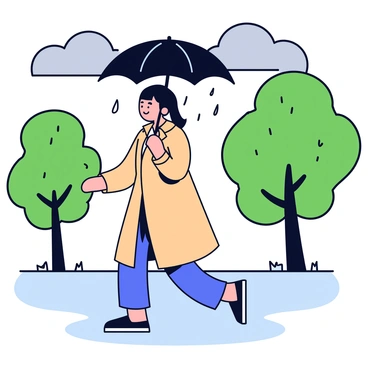 A person wearing a long beige trench coat is walking through a park on a rainy day. The individual is holding a black umbrella that is opened above them, providing shelter from the rain. Raindrops are falling from the sky and creating small splashes on the wet ground. Surrounding the path are green trees with droplets of water clinging to their leaves. The sky is overcast with dark gray clouds.