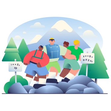 A group of four hikers is ascending a rocky mountain trail. Each hiker has a different physical appearance; one has dark skin and is wearing a bright red jacket, another has light skin and is donning a blue backpack, a third has medium skin and is dressed in a green shirt, and the last hiker has tan skin and is sporting a yellow hat. The trail is bordered by signposts that display various math equations, such as “E = mc²” and “x² + y² = z²,” printed clearly in black on white backgrounds. Lush green trees are visible on either side of the trail, while the mountain peak looms majestically in the background, capped with some snow. The sky above is a clear blue, transitioning to soft white clouds.