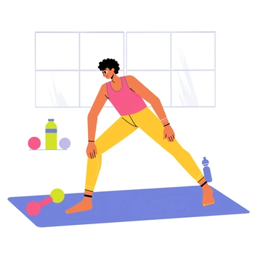 A person in bright, colorful exercise attire is performing hip thrusts on a blue exercise mat. The attire consists of a vivid pink tank top and bright yellow leggings. The individual has short curly hair and is focused on their workout. Surrounding them are various fitness equipment, including a set of dumbbells in vibrant colors and a water bottle. A large window in the background lets in light, highlighting the energetic atmosphere of the exercise space.