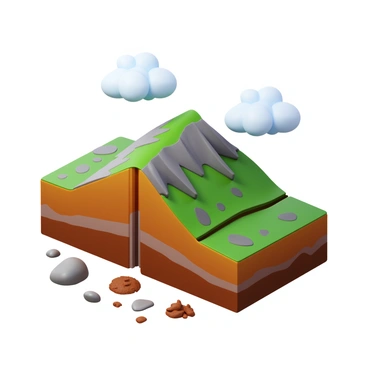 An illustration showing a geological formation with a "reverse fault" prominently displayed. The fault line is illustrated as a diagonal crack in the earth, with one side of the fault pushed upwards, leading to the creation of a "mountain ridge". The ridge has steep slopes and rugged terrain, covered in patches of greenery. Clouds are depicted above, giving the scene a dynamic atmosphere. The ground around the fault is detailed with rocks and loose soil, illustrating the geological activity.