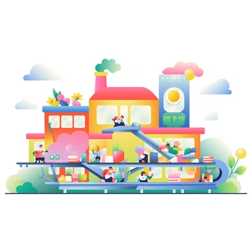 A whimsical factory is nestled in a vibrant landscape, featuring bright colors and playful architecture. The factory has large, cartoonish windows and a whimsical smokestack puffing colorful smoke into the sky. Inside, several conveyor belts are in motion, carrying an array of items such as toys, colorful balls, and quirky gadgets. Each conveyor belt has different colored sections, and items are being sorted efficiently into their respective categories. Small animated characters dressed as factory workers are placing items on the belts and monitoring the sorting process. The background shows a cheerful atmosphere with sunflowers and fluffy clouds, enhancing the factory's whimsical charm.