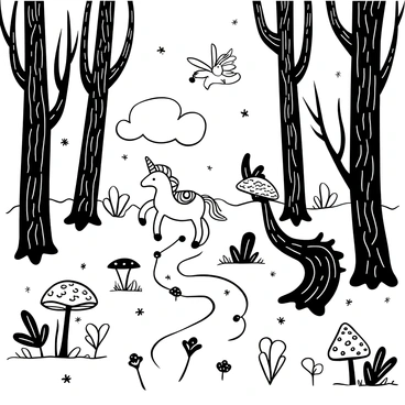 A detailed illustration of an "enchanted forest" filled with various "magical creatures." Towering trees with intricate bark patterns provide the backdrop. A winding path leads through the forest, dotted with luminous mushrooms. Inhabitants of the forest include a "unicorn" with a spiraled horn, a "fairy" with delicate wings hovering above, and a "dragon" perched on a branch, its scales glinting. Wispy clouds drift overhead. Tiny sparkling stars are scattered throughout the scene, enhancing the magical atmosphere.