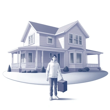 A young adult standing outside a two-story childhood home. The house features a neatly trimmed lawn and a front porch with a railing. The young adult is holding a suitcase with one hand, while the other hand is resting on the side of the house. They have a reminisce smile on their face, reflecting a sense of nostalgia. The sky above is clear, creating a peaceful atmosphere around the scene.