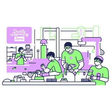Inside a factory, there is a production line where badminton birdies are being assembled. The assembly line features several workers wearing safety goggles and gloves, focused on their tasks. Each worker is positioned at a workstation, where they assemble the birdies using various components, such as feathers and cork bases. The factory has large machines in the background, with conveyor belts transporting the partially assembled birdies. The lighting is bright, illuminating the workspace filled with tools and boxes containing raw materials. A large sign on the wall reads "Quality Assembly Zone" in bold letters.