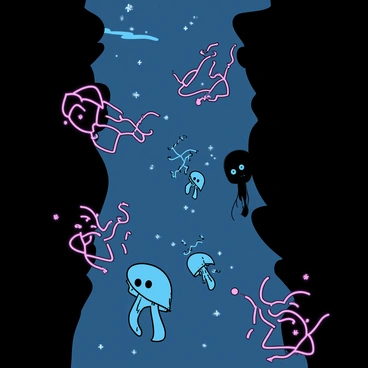 A deep sea trench featuring dark, blackened volcanic rocks lining the sides. Strange glowing creatures, resembling jellyfish and bioluminescent plants, float gracefully in the water, illuminating the surrounding area with their ethereal light. The scene captures the contrast between the darkness of the trench and the vibrant hues of the glowing organisms, creating a striking visual effect.
