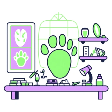 A research lab houses a detailed fossil cast of a giant dinosaur footprint. The footprint is prominently displayed on a sturdy table, showcasing its intricate details and rugged texture. Surrounding the footprint, various scientific tools and equipment are neatly arranged, including a magnifying glass, measuring tape, and notebooks filled with sketches and notes. In the background, shelves are lined with additional fossil specimens, some encased in glass, revealing the lab's focus on paleontological studies. A large window allows natural light to filter in, highlighting the significance of the footprint in the center of the room.