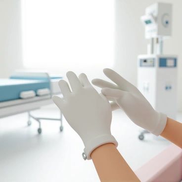 A pair of hands, wearing sterile gloves, is in the process of being donned. The gloves are a crisp white color, accentuating the clean, clinical environment. The background features a softly lit hospital room, with medical equipment partially visible, including a bed and a few monitoring devices. The light creates gentle shadows, enhancing the scene's depth while emphasizing the sterile, professional atmosphere. The focus is on the hands carefully adjusting the gloves, highlighting the importance of hygiene and preparation in a medical setting.