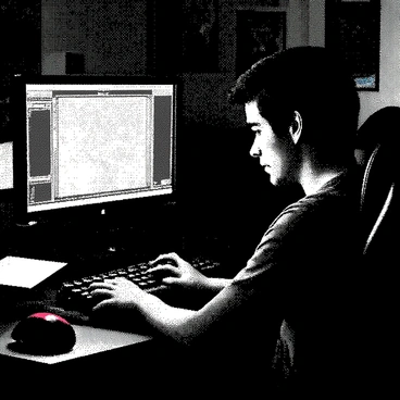 A gamer with short black hair is sitting at a desk, focused intently on a computer screen displaying a complex puzzle game. The room is dimly lit, highlighting the expressions of concentration on the gamer's face. His eyebrows are furrowed, and his eyes are wide open as he navigates through the intricate challenges on the screen. There is a mechanical keyboard and gaming mouse positioned in front of him, with several colorful gaming accessories scattered across the desk. The walls are adorned with posters of various video games, adding to the gaming atmosphere.