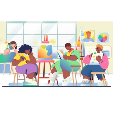 A vibrant classroom is filled with students of diverse ethnicities and ages engaged in painting and drawing on easels. A girl with curly black hair is focused on her canvas, splashing colors of blue and yellow. A boy with short brown hair is sketching with a pencil on a piece of white paper, surrounded by colored markers. Several easels are set up, showcasing colorful artwork in various stages of completion. The walls of the classroom are adorned with student artwork, and there are bright posters of famous artists and color wheels. Natural light streams in from large windows, illuminating the scene with a warm glow.