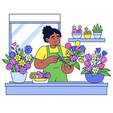 A florist is standing in a bright flower shop filled with various colorful flowers. The florist is wearing a green apron and is carefully arranging a bouquet of vibrant tulips, daisies, and roses. There are shelves lined with potted plants and glass vases filled with flowers in the background. Sunlight streams through the large windows, illuminating the shop and creating a cheerful atmosphere. The florist is using scissors to trim the stems, focusing intently on the arrangement.