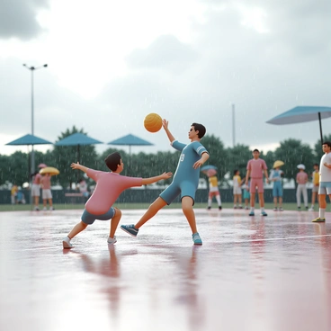 A volleyball match is taking place outdoors in the rain. The court is wet, with raindrops visibly splashing as they hit the ground. Two players, one wearing a blue jersey and the other in a red jersey, are diving for a yellow volleyball. The player in the blue jersey is mid-air, stretching out their arm to hit the ball, while the player in the red jersey is on the ground, reaching out with both hands. The sky above is overcast with dark clouds, and puddles of water can be seen forming on the court's surface. Spectators in the background are holding umbrellas, watching the action unfold.