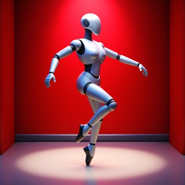 A robot with a sleek metallic design performing a ballet dance on a stage. The robot is executing an elegant pirouette, with limbs extended gracefully. The stage is illuminated with bright lights, enhancing the robot's shiny exterior. A pair of ballet shoes is fitted on its feet, emphasizing its dance movements. The background features a rich red curtain, creating a dramatic contrast with the robot's silver body.