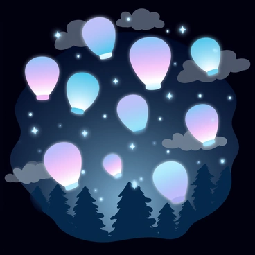 A multitude of floating lanterns in the night sky, each glowing with vibrant rainbow colors. The lanterns vary in shape and size, some being round while others are elongated. They are scattered across the dark background, creating a beautiful display of light. The soft glow from the lanterns illuminates small clouds nearby, casting a gentle reflection on them. Below, silhouettes of trees can be seen, providing a contrast to the colorful lights above. The atmosphere is filled with a sense of wonder and tranquility.