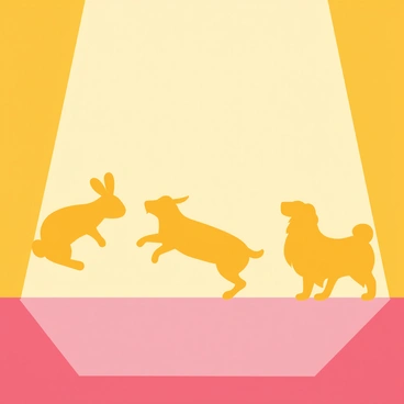 A wall illuminated from behind creates a backdrop for a playful scene of shadow puppets. Various animal shapes, including a rabbit, a bird, and a dog, are displayed in silhouette, their forms cast sharply against the wall. The puppets are animated, appearing mid-action, with the rabbit leaping and the bird flapping its wings. The colors of the wall are warm and inviting, enhancing the whimsical atmosphere of the scene. The background remains simple, allowing the focus to be on the shadow play, with no human faces visible anywhere.