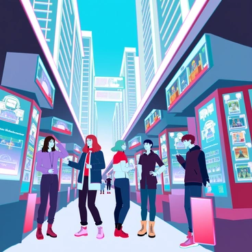 A bustling market street filled with diverse anime characters, engaging in lively conversation. The street is lined with sleek, futuristic AI kiosks, each displaying vibrant holographic advertisements and shop signs that flicker with bright colors. Various stalls showcase intricate merchandise, such as collectible figures and stylish clothing, with customers examining the items closely. Above, a clear blue sky can be seen, while the atmosphere is alive with the sounds of chatter and the whir of technology.