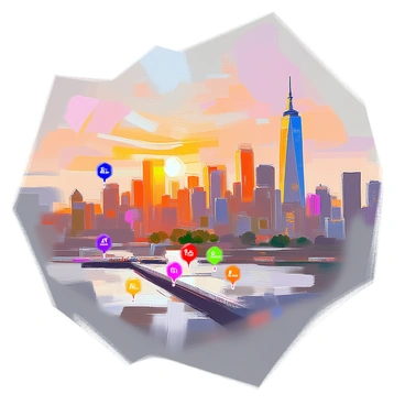 A detailed map of Manhattan with marked locations indicating the best spots to watch the sunset. The map is filled with colorful icons representing each sunset viewpoint. Key landmarks such as the Empire State Building, Central Park, and the Hudson River are outlined for context. The areas of interest are connected with dotted lines, and annotations provide brief descriptions of each spot. The sunset backdrop features vibrant shades of orange and pink, casting light over the city skyline, while silhouettes of buildings can be seen along the horizon.