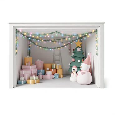 A spacious garage filled with a variety of festive holiday decorations. There are colorful string lights draped over shelves, twinkling with different colors. A large box of ornaments in various shapes and sizes, including stars, snowflakes, and baubles, sits on the ground. Several wrapped gifts with shiny bows are stacked neatly in one corner. A life-sized inflatable Santa Claus stands next to a snowman decoration, both ready to be displayed. The walls of the garage are partially covered with tinsel and garlands, and a ladder leans against one side, hinting at preparations for hanging decorations.