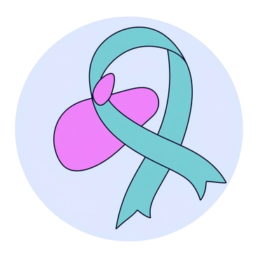 A thyroid gland illustration in an anatomical style, colored in soft shades of purple and pink. Surrounding the thyroid gland is a flowing ribbon, colored in vibrant shades of teal, representing awareness and support. The ribbon elegantly wraps around the gland, with one end fluttering slightly, adding a sense of movement. The background is a simple, light color to enhance the visibility of both the gland and the ribbon.