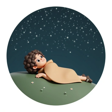 A hobbit, with curly brown hair and wearing a cozy, earth-toned cloak, is lying on a lush, green grassy hill. The hill is gently sloping under him, and he is resting on his elbows with a relaxed expression. The night sky above is filled with countless twinkling stars, creating a stunning display of light against the dark background. The hobbit's eyes are wide with wonder as he gazes up, taking in the beauty of the celestial scene. Small, delicate flowers are scattered around the base of the hill, adding touches of color to the serene landscape.