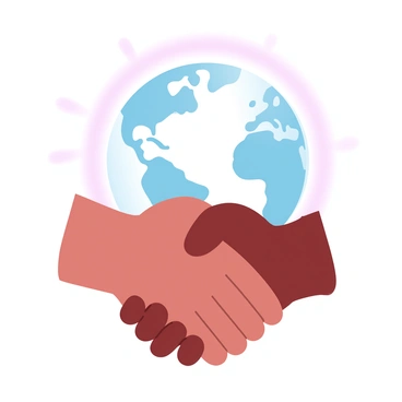Two hands are shaking in front of a globe. The globe features continents in soft, gradient pastel colors. The hands are depicted with smooth skin, one is slightly darker than the other, symbolizing diversity. Rays of light radiate from the globe, suggesting warmth and connection. A soft, circular halo surrounds the globe, enhancing the message of unity and peace.