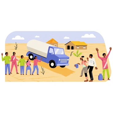 A large blue water truck with a silver tank is driving down a dirt road toward a small village. The village consists of brown, sun-baked houses with thatched roofs. In the background, dry, cracked ground stretches across the landscape, and a few wilted plants scatter the area. Villagers, with expressions of excitement and hope, gather around the truck. Some are holding empty buckets while others wave their hands in greeting. A clear blue sky overhead contrasts with the parched land below, symbolizing the arrival of fresh water.