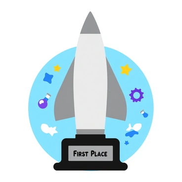 A shiny trophy shaped like a missile, featuring sleek, aerodynamic lines and a silver metallic finish. The missile stands upright on a sturdy black base, which has a rectangular plaque that reads "First Place" in bold letters. Surrounding the trophy are small gears and science-themed decorations, such as beakers and atoms, emphasizing the science fair competition theme. The background is a light blue to represent the sky, highlighting the trophy's significance as a symbol of victory.