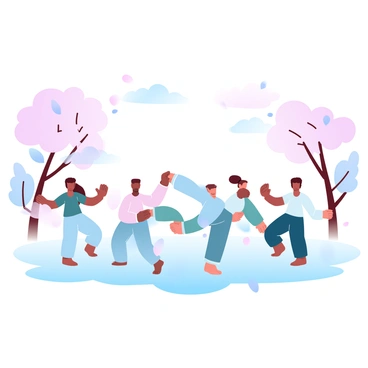 A group of people are practicing tai chi in a park surrounded by trees. The individuals are dressed in comfortable, loose-fitting clothing, moving gracefully through various poses. The ground is covered in soft grass, and delicate cherry blossoms are blooming on nearby trees, their petals gently falling around the practitioners. A large expanse of sky can be seen above, with hints of pastel colors creating a tranquil atmosphere.