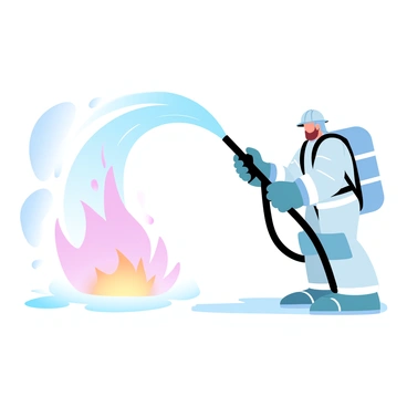 A firefighter is standing firmly, holding a large hose with both hands. The hose is directed toward a roaring fire, sending forth a powerful stream of water that cascades through the air. The flames are vividly orange and red, creating a stark contrast against the background. The firefighter is wearing protective gear, including a helmet and heavy gloves, while the ground is slightly wet from the water spray. Surrounding the scene are hints of smoke rising and spreading as the water makes contact with the fire.