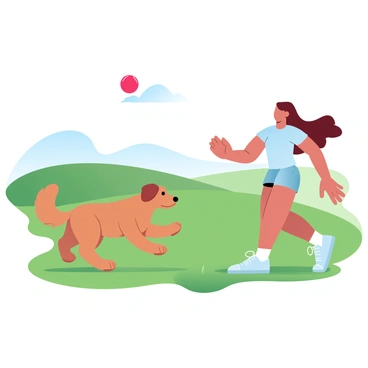 A girl with long hair is throwing a bright red ball for her energetic dog in a lush green field. The dog is a golden retriever, bounding joyfully through the grass towards the ball. The girl is wearing a light blue t-shirt and denim shorts, with a big smile as she watches her dog. In the background, there are soft hills rolling gently under a clear sky.