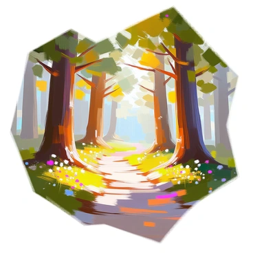 A forest trail with tall, stylized trees on either side. The trees have vibrant green foliage and varied shades of brown for their trunks, creating a lush atmosphere. The winding path is visible, meandering through the trees and inviting exploration. Sunlight filters through the branches, casting playful shadows on the ground. Small patches of wildflowers add pops of color along the trail, enhancing the natural beauty of the scene.