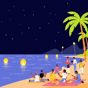A dark blue night sky filled with scattered stars hangs above the Nile River. Several brightly lit lanterns float gently on the water's surface, casting a warm glow that reflects on the rippling waves. Along the riverbanks, lush green palm trees sway in a soft breeze, providing a tropical backdrop. Groups of people in festive clothing gather along the shore, some pointing at the lanterns and others enjoying traditional food laid out on vibrant colorful blankets. The atmosphere is lively, with cheerful expressions on the faces of the attendees as they celebrate under the lantern-lit night.