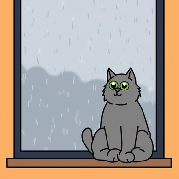 A fluffy gray cat with large green eyes is perched on a windowsill, intently watching raindrops as they slide down the clear glass window pane. The cat's ears are perked up, and its tail is curled around its body. Outside the window, a blurry view of gray clouds fills the sky, creating a gloomy atmosphere. The rain is falling steadily, with multiple droplets creating winding paths on the glass. The interior of the room is softly lit, with hints of warm colors contrasting against the cool tones of the dreary day.