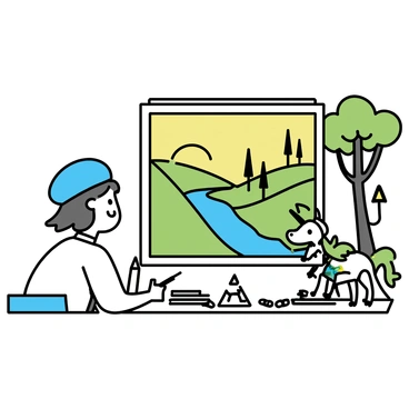 A cartoon artist, wearing a blue beret and a casual white shirt, is seated at a large drawing table cluttered with colorful sketches and pencils. Various mythical creatures like a dragon with vibrant green scales and a unicorn with a shimmering white coat are illustrated on the table. Behind the artist, there is a large canvas depicting a fantastical realm filled with lush, rolling hills and a bright sunset sky. Tall trees with twisted trunks and oversized leaves can be seen, alongside a sparkling river winding through the landscape. The artist, focused and smiling, is adding details to the scene with a pencil.