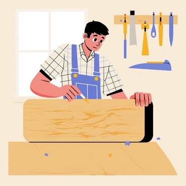 A woodworker is focused on carving a detailed pattern into a large, smooth piece of brown wood. The woodworker has short black hair and is wearing a plaid shirt and denim overalls. He holds a sharp carving tool in one hand while the other hand stabilizes the wood block on a wooden workbench. Shavings and small wood chips scatter around the work area, highlighting the meticulous process. In the background, various tools hang on the wall, including chisels, clamps, and a saw. A window lets in natural light, illuminating the intricate design being created.