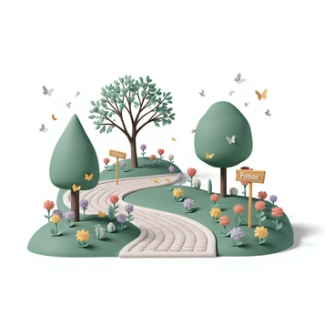 A winding path made of cobblestones leads through a vibrant garden. On either side of the path, colorful flowers in full bloom display a variety of hues, including reds, yellows, and purples. Lush green leaves unfurl from the branches of young trees, creating a canopy overhead. Small sprouts and tender shoots rise from the rich soil, indicating signs of growth and renewal. Throughout the garden, butterflies with delicate wings flit from flower to flower, and a gentle breeze rustles the leaves, adding life to the scene. Wooden signs carved with plant names stand proudly among the greenery, guiding visitors through this flourishing landscape.