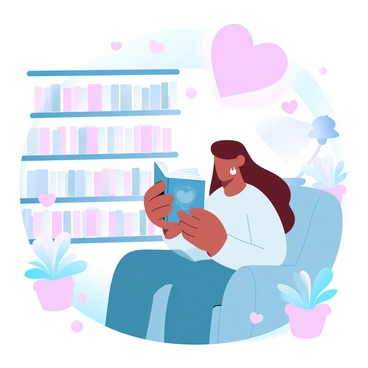 A person is sitting on a comfortable armchair in a quaint bookstore filled with wooden shelves lined with various books. The person has their hands gently cradling a book that has a soft cover and a beautiful design. The atmosphere is warm and inviting, with soft lighting casting a glow on the pages of the book. Surrounding them are small decorative items, such as a vintage lamp and potted plants. A delicate tear glistens on their cheek, reflecting the emotion connected to the memories of a loved one, while a large heart shape floats above the scene.