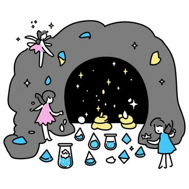 A hidden cave, with rocky walls and a dark entrance. Inside, numerous sparkling crystals of various shapes and sizes are embedded in the walls and floor, reflecting light in different colors. Small fairies with delicate wings are fluttering around, each fairy is dressed in vibrant colors. They are carefully collecting shimmering magical dust in tiny glass jars. The atmosphere is filled with a soft glow coming from the crystals, illuminating the fairies as they work.