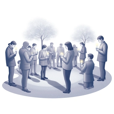 A park scene during a candlelight vigil. Numerous people are gathered, each holding a candle that emits a soft glow. The individuals display a range of emotions, with some standing in small groups while others are alone, all reflecting quietly. In the background, there are trees casting shadows, and the ground is covered in grass. Some attendees have their heads bowed in contemplation, while others gaze at the flickering light of their candles. The overall atmosphere conveys a sense of remembrance and connection among the participants.
