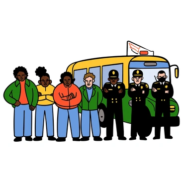 A group of Freedom Riders, consisting of diverse individuals with various skin tones, stand resolutely at a bus station. They are dressed in casual 1960s attire, including colorful shirts, jeans, and jackets. Their expressions reflect determination and courage. In front of them, a line of stern policemen in uniforms stands with serious faces, arms crossed, showcasing a sense of authority and tension. The setting includes a vintage bus parked nearby, and the atmosphere is charged with emotion, highlighting the struggle for civil rights.
