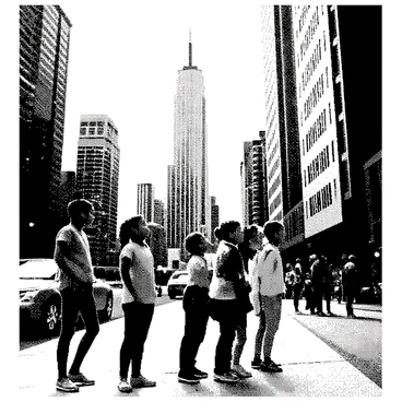 A group of children is standing on a busy sidewalk, gazing upwards with expressions of awe. Their faces are filled with wonder as they look at the towering skyscrapers that dominate the skyline. The children are of diverse backgrounds, showcasing a variety of hair styles and clothing. One child is pointing at a particularly tall building, while another is jumping up slightly to get a better view. The bustling city scene includes other pedestrians walking by, and there are cars moving along the street, adding to the lively atmosphere of the urban environment.