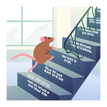 A small brown rat is climbing a long, winding staircase made of dark wood. Each step of the staircase features a different "motivational quote" written in elegant white lettering. The rat is mid-step, with its tiny paws gripping the edge of the stair, showcasing its determination. The staircase is illuminated by soft light, highlighting the texture of the wood and the scrollwork on the railing. The background features a blurred view of the room, creating a sense of depth and focus on the rat's ascent.