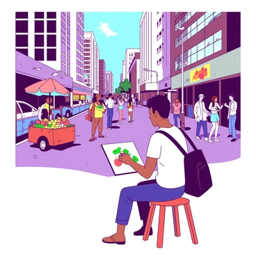 A bustling city street filled with diverse people engaged in various activities. In the foreground, an artist sits on a wooden stool, focusing intently on their sketchpad, capturing the vibrant scene before them. Surrounding the artist are tall buildings with large windows reflecting sunlight. On the left, a street vendor is selling colorful fruits from a small cart, attracting customers with their vivid displays. In the background, a group of people are crossing the street, while others wait at a bus stop. The atmosphere is lively, with colorful elements all around. The artist's sketchpad shows an unfinished illustration of the scene, hinting at the dynamic energy of the urban environment.
