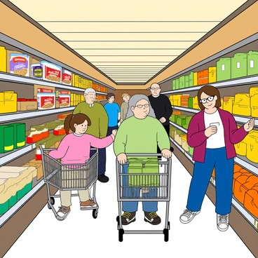 A busy grocery store aisle filled with various shelves stocked with colorful products. Shoppers of different ages and backgrounds are pushing shopping carts down the aisle. One shopper, a middle-aged man with short black hair, is examining a box of cereal on a shelf. A young girl with pigtails is reaching for a jar of pickles while her mother, a woman with long brown hair, looks on. Another shopper, an elderly woman with glasses, is checking her grocery list as she stands beside a display of fresh fruits. The aisle is well-lit, and the atmosphere is lively.