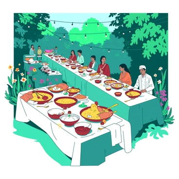 A teal fairy tale garden is filled with lush greenery and vibrant flowers. Long white tables are beautifully set for a wedding feast, each covered with intricate tablecloths. The tables are laden with an array of colorful Indian dishes, including biryani in bright yellow, paneer dishes in rich orange hues, and bowls of vibrant chutneys. Elegant gold cutlery and delicate glassware are placed beside each dish. Above the tables, twinkling string lights create a magical ambiance, while guests dressed in colorful attire enjoy the festive atmosphere.