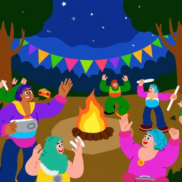 A group of orcs celebrating a festival under a starry night sky. The orcs are wearing vibrant, colorful clothing adorned with intricate patterns. They are gathered around a large bonfire, dancing joyfully with their arms raised. Colorful banners are hung between the trees, fluttering in the night breeze. In the background, there are musical instruments like drums and flutes, with some orcs playing lively tunes. The atmosphere is filled with excitement and energy as the orcs enjoy their festivities.